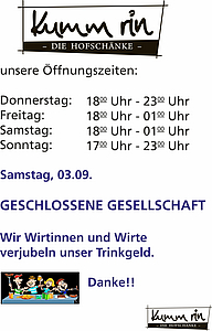 Kumm rin am Samstag, 03.09.2022 geschlossen